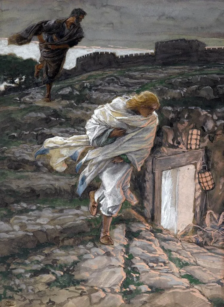 Hai môn đệ chạy tới ngôi mộ trống. Thánh Gioan tới nơi trước Thánh Phêrô.