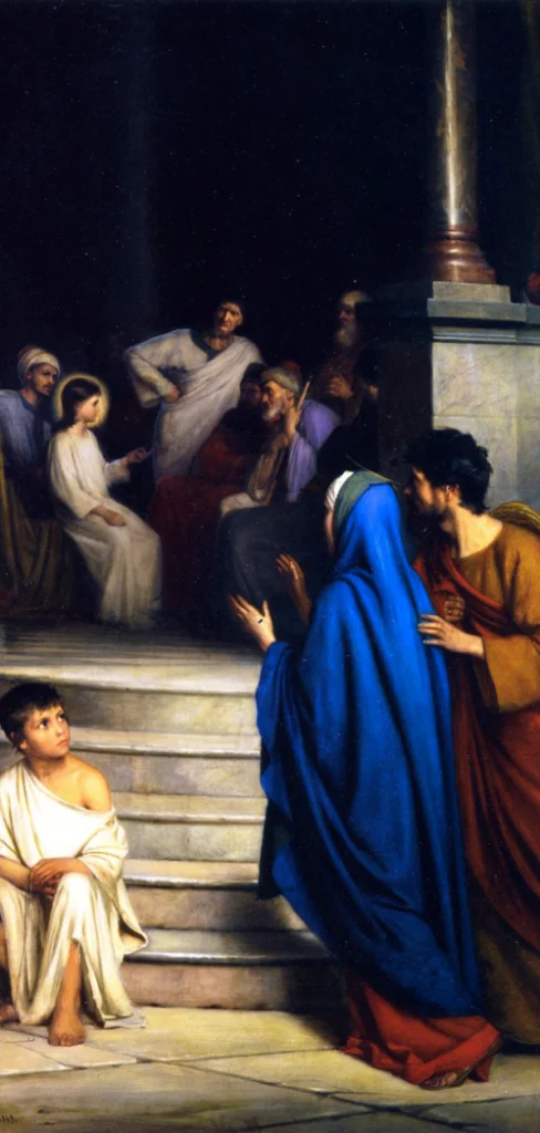 Kinh Mân Côi. Năm sự vui: Thứ năm: Đức Bà tìm được Đức Chúa Giêsu trong Đền Thánh.