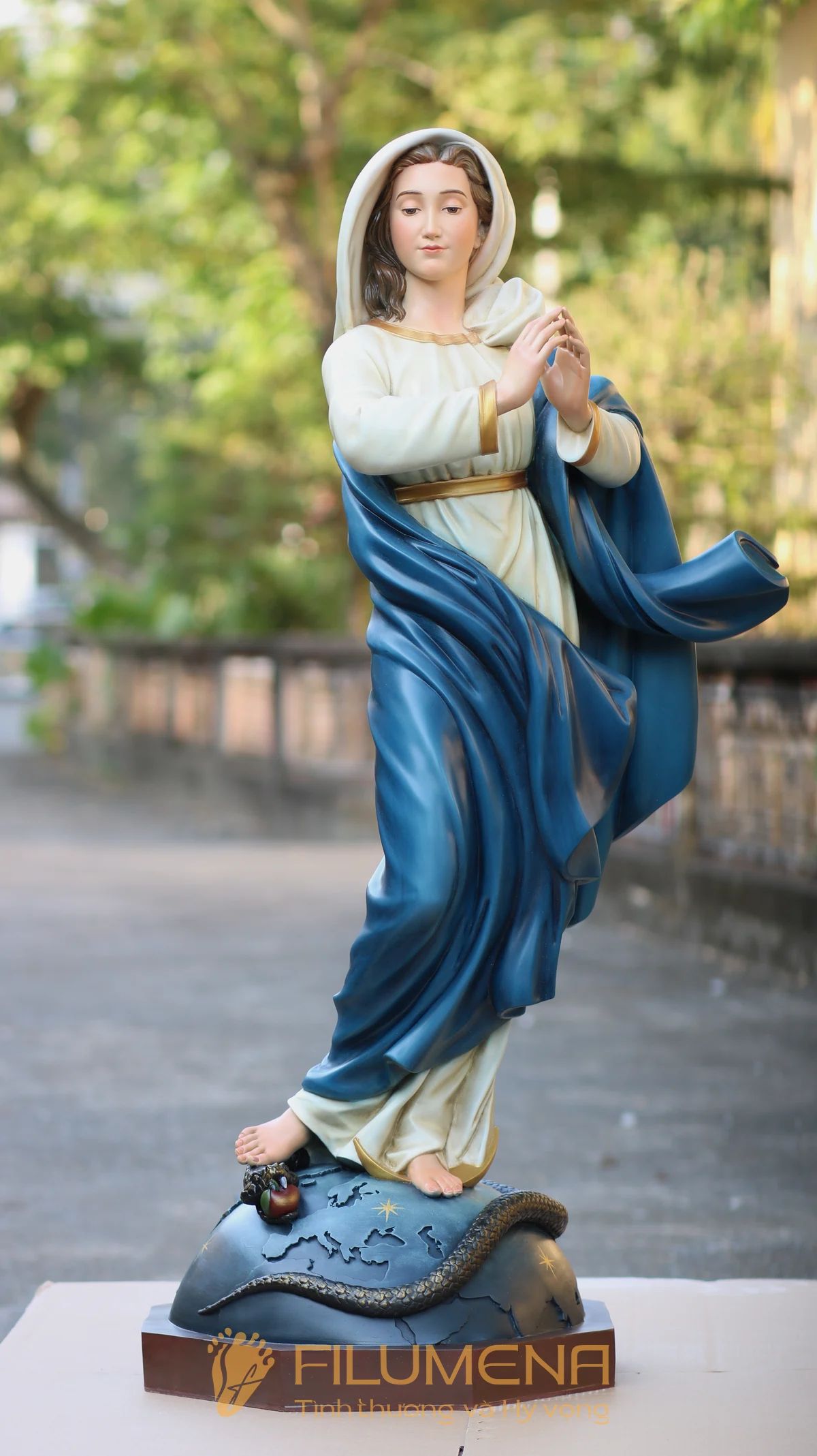 Tượng Đức Mẹ Vô Nhiễm Nguyên Tội cao 120 cm màu xanh trắng