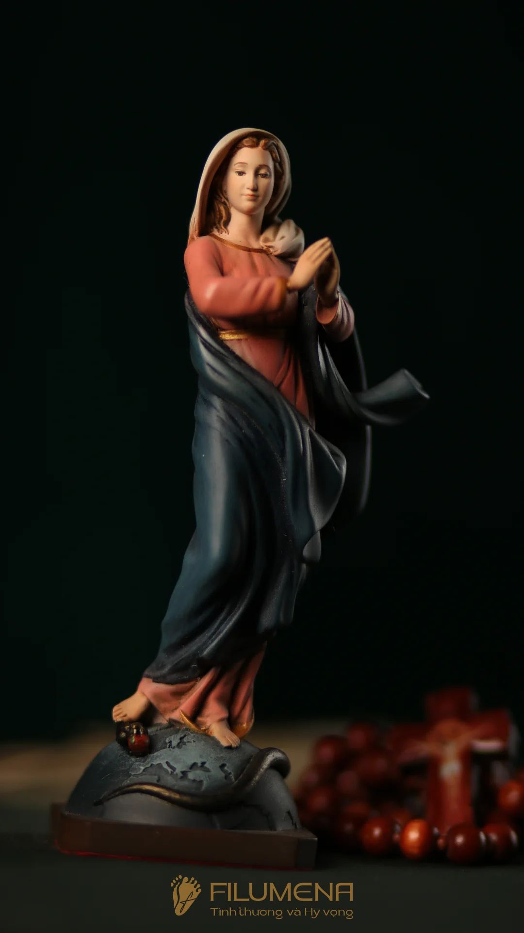 Tượng Đức Mẹ Vô Nhiễm Nguyên Tội cao 15 cm, 20 cm màu cổ điển xanh-hồng mã màu M2