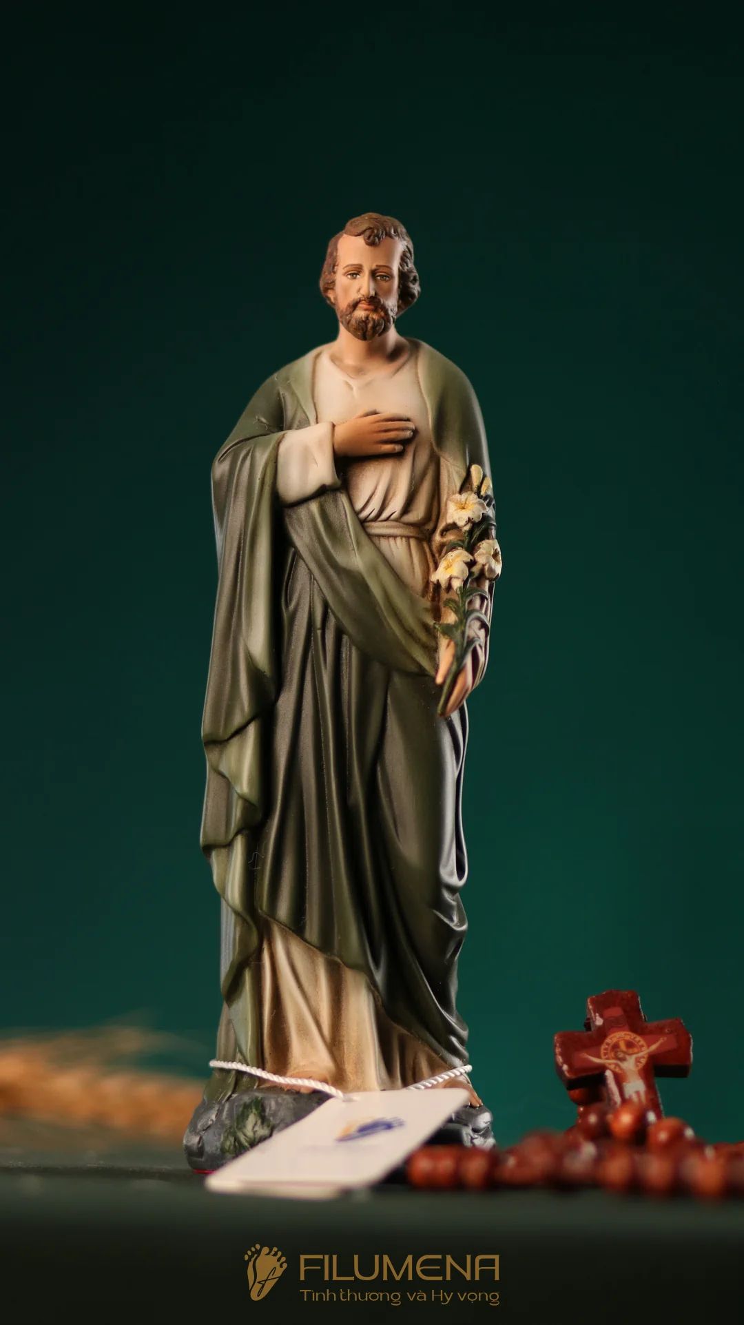 Tượng Thánh Giuse Hoa Huệ 15 cm, 20 cm màu xanh ô-liu M2