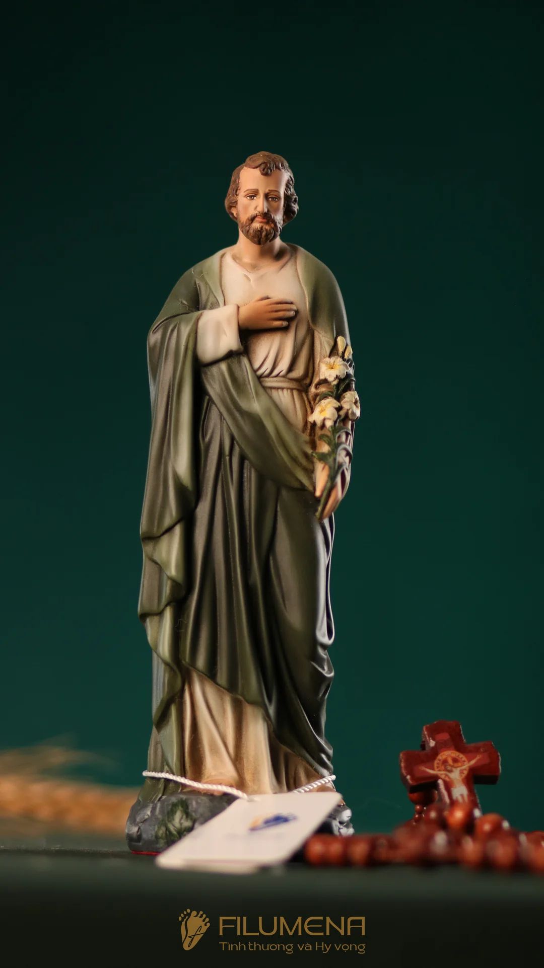 Tượng Thánh Giuse Hoa Huệ 15 cm, 20 cm màu xanh ô-liu M2