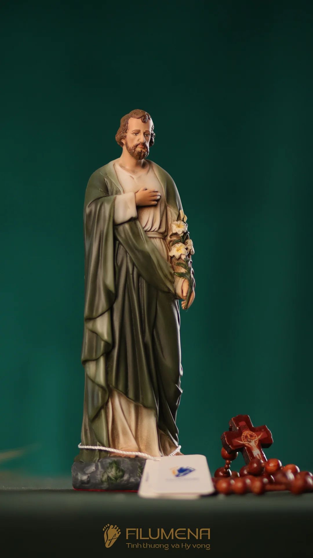 Tượng Thánh Giuse Hoa Huệ 15 cm, 20 cm màu xanh ô-liu M2