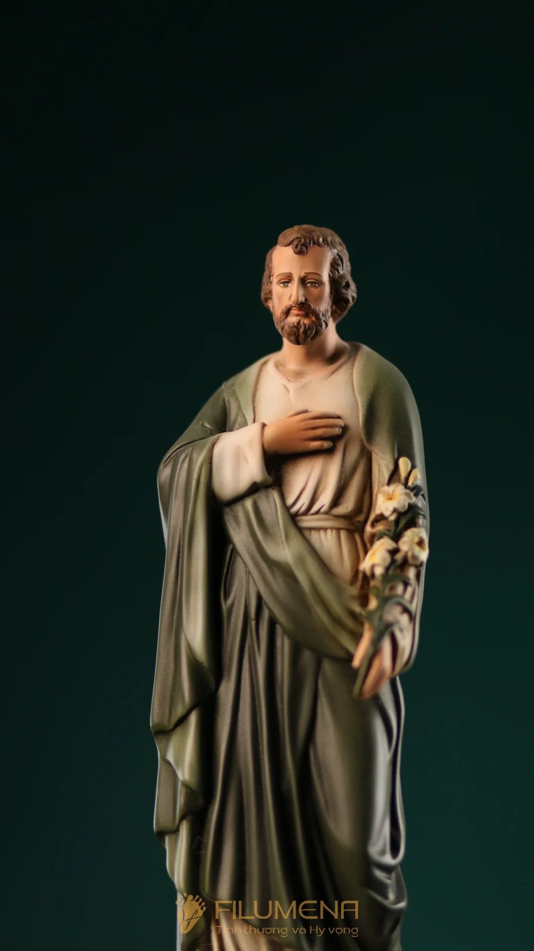 Tượng Thánh Giuse Hoa Huệ 15 cm, 20 cm màu xanh ô-liu M2