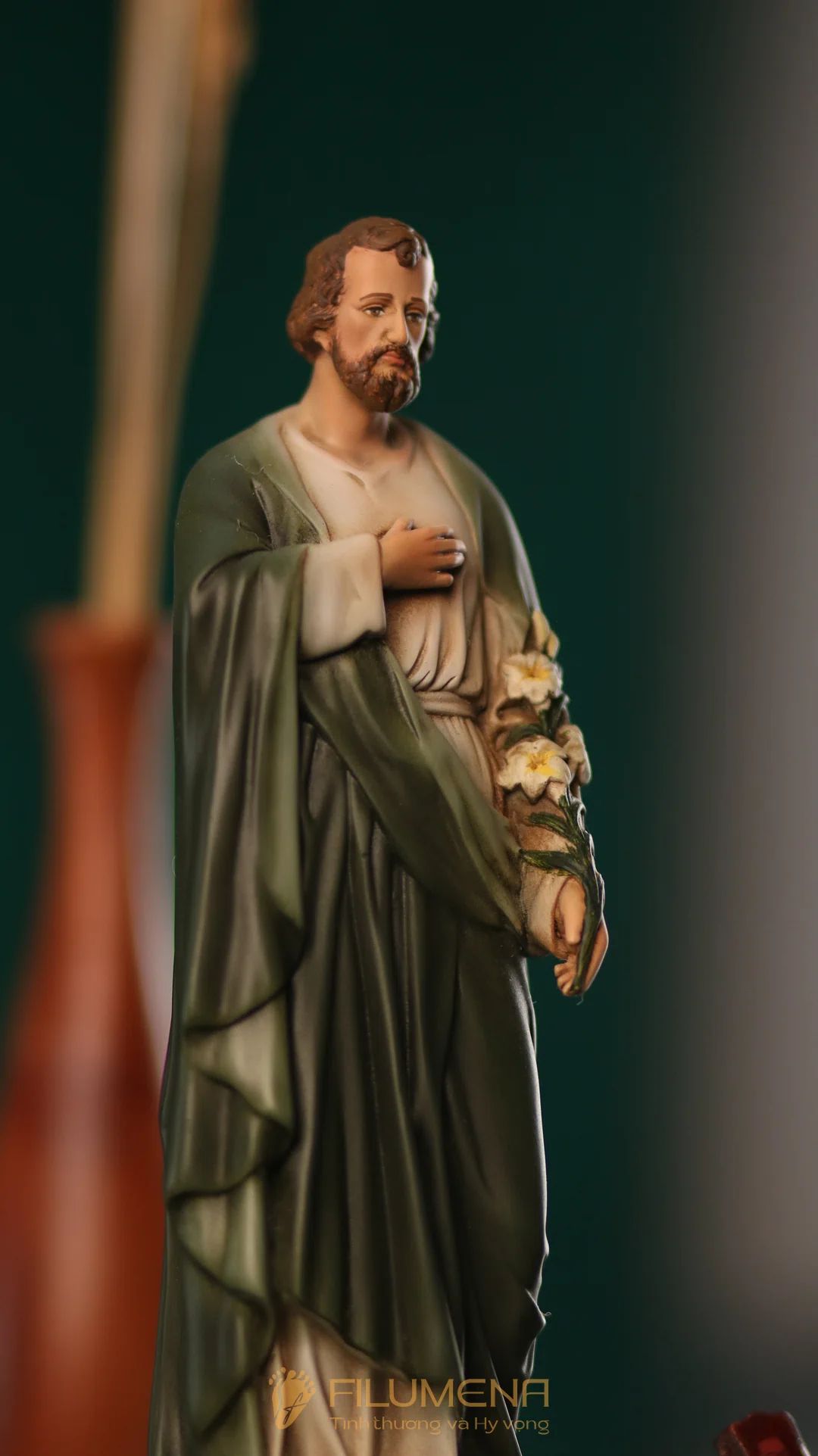 Tượng Thánh Giuse Hoa Huệ 15 cm, 20 cm màu xanh ô-liu M2
