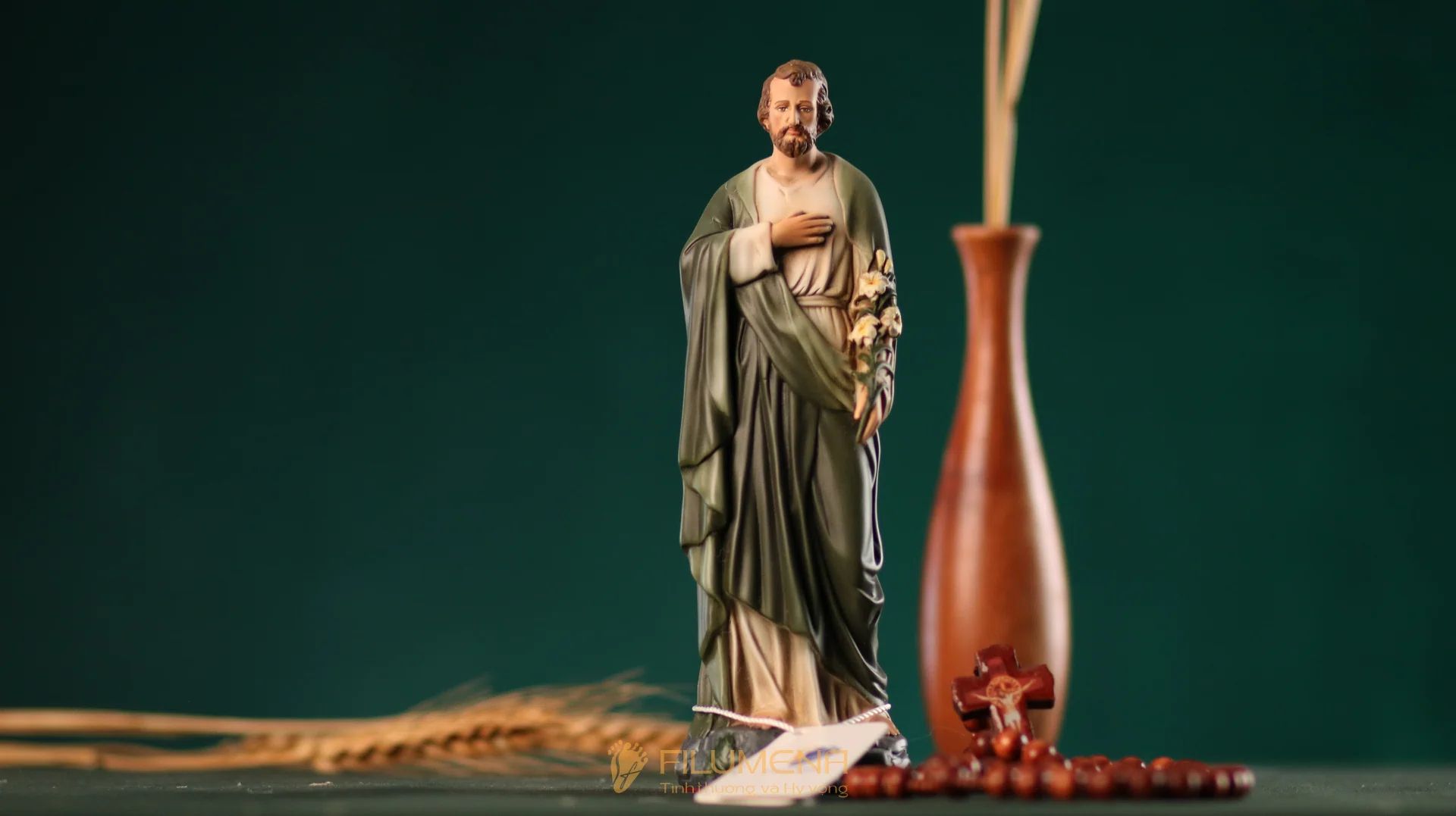 Tượng Thánh Giuse Hoa Huệ 15 cm, 20 cm màu xanh ô-liu M2