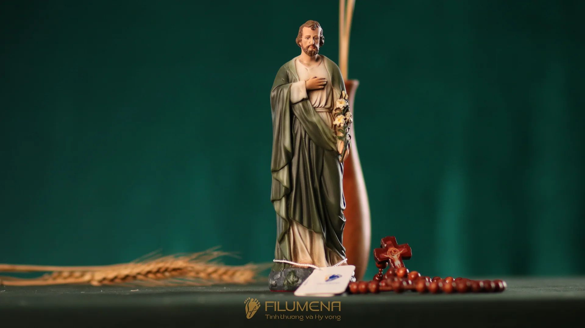 Tượng Thánh Giuse Hoa Huệ 15 cm, 20 cm màu xanh ô-liu M2