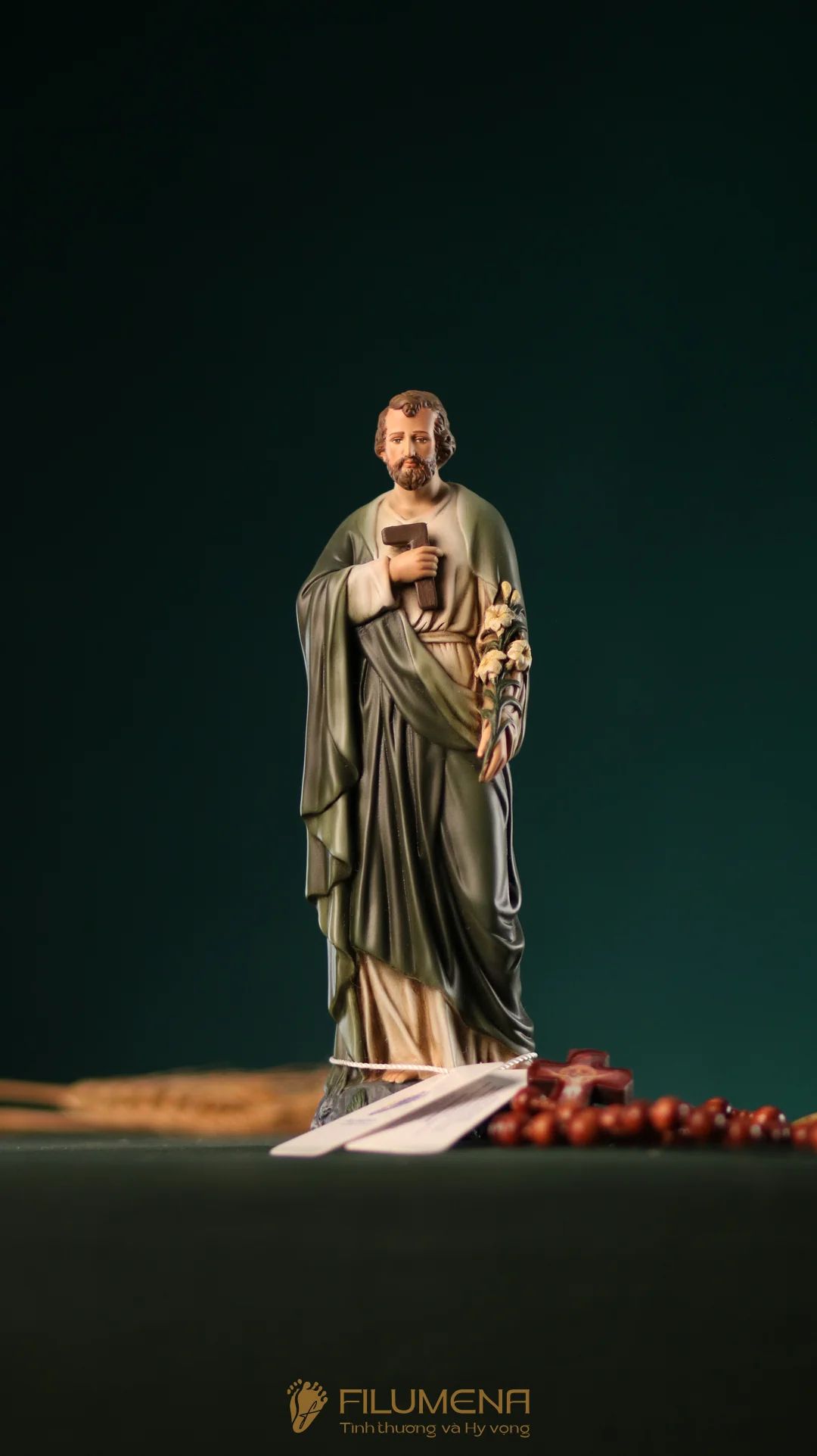 Tượng Thánh Giuse Thợ 15 cm, 20 cm màu xanh ô-liu M2