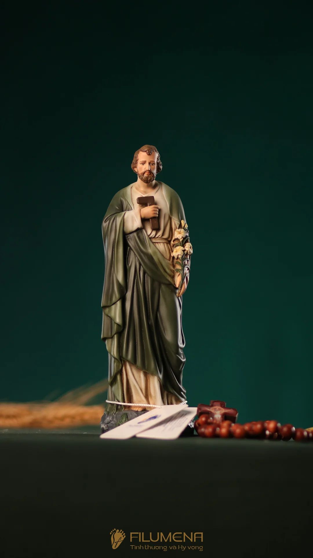 Tượng Thánh Giuse Thợ 15 cm, 20 cm màu xanh ô-liu M2