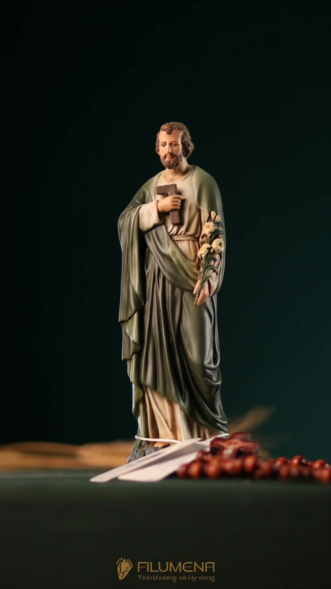 Tượng Thánh Giuse Thợ 15 cm, 20 cm màu xanh ô-liu M2