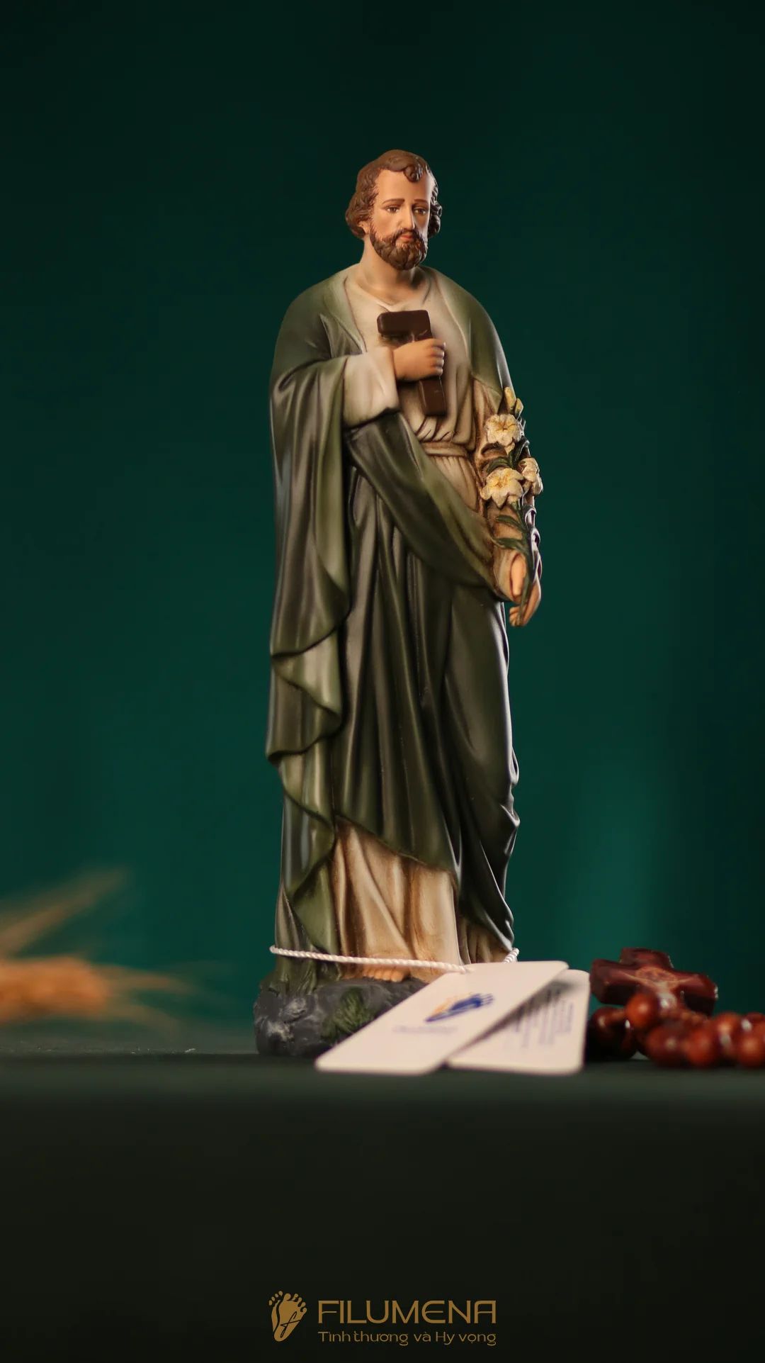 Tượng Thánh Giuse Thợ 15 cm, 20 cm màu xanh ô-liu M2