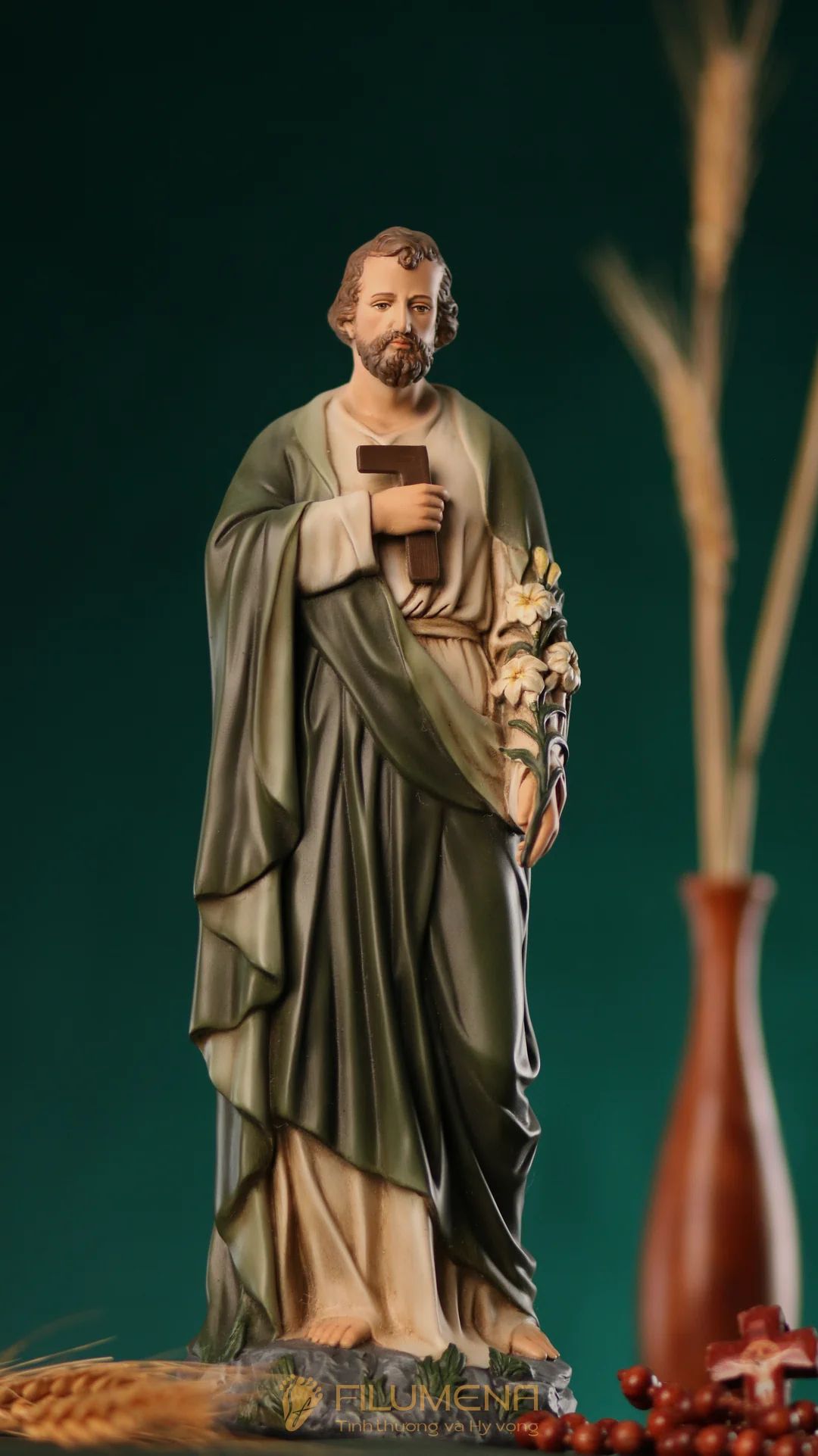 Tượng Thánh Giuse Thợ  30 cm, 40 cm màu xanh ô-liu M2