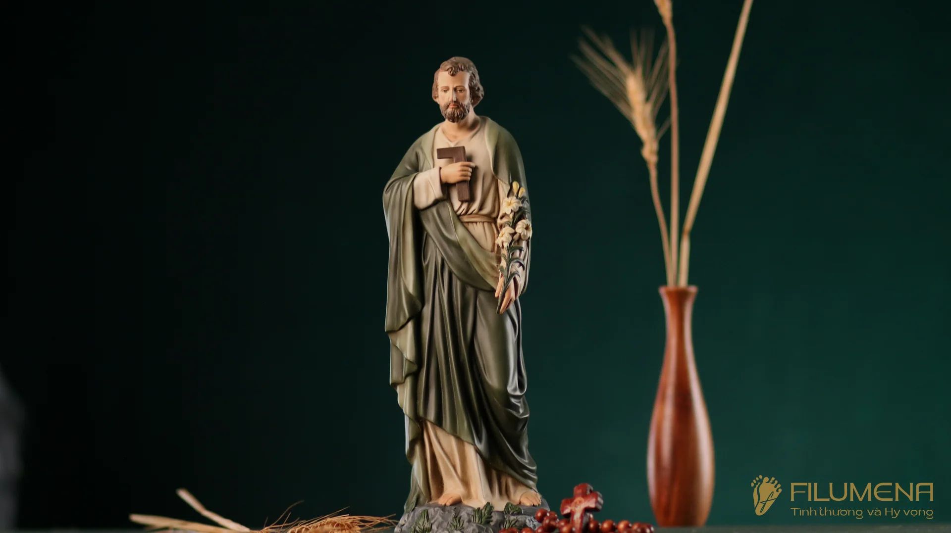 Tượng Thánh Giuse Thợ  30 cm, 40 cm màu xanh ô-liu M2